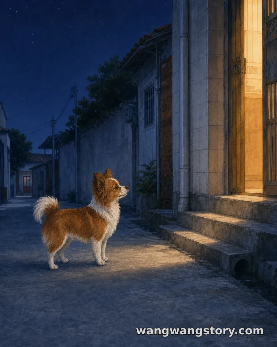 À noite, na entrada de uma viela, a luz quente de uma refeição sai por uma porta; a alguns passos, a jovem Wangwang ergue um pouco o focinho.