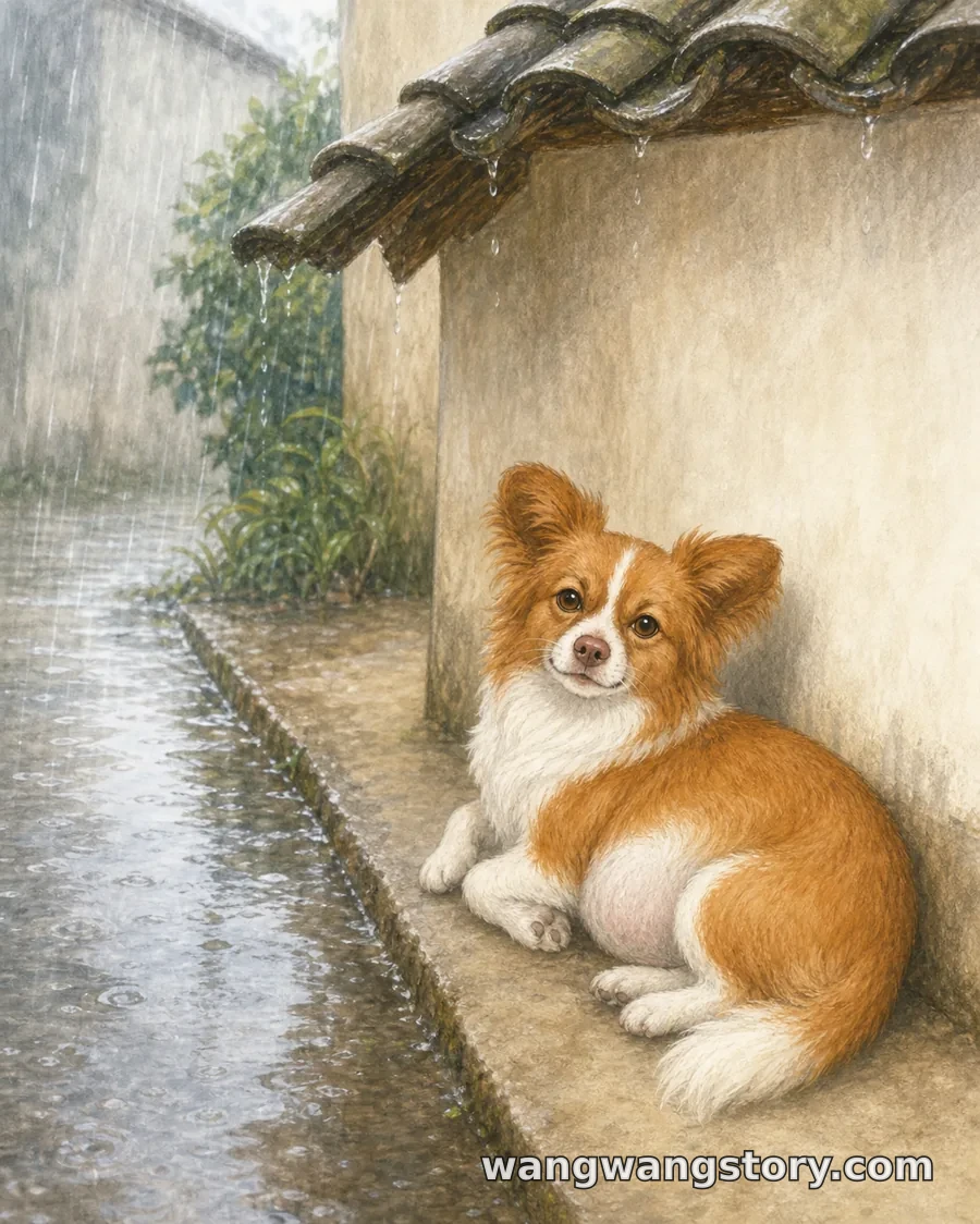 Sob o beiral de uma casa velha em um dia de chuva, Wangwang, prenhe, se encolhe dentro de uma área seca; gotas de chuva caem em primeiro plano.