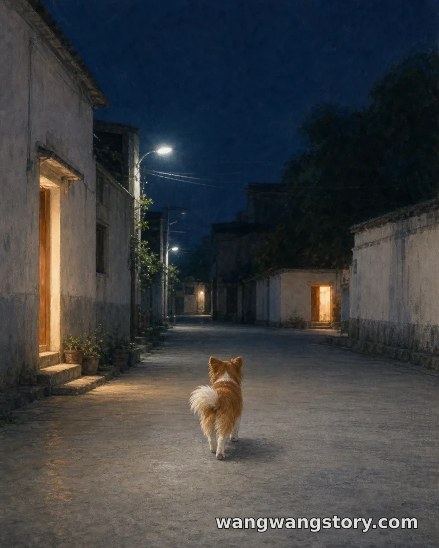 Em um caminho noturno largo e silencioso, a pequena silhueta de Wangwang e a ponta branca de sua cauda são os únicos pontos luminosos.