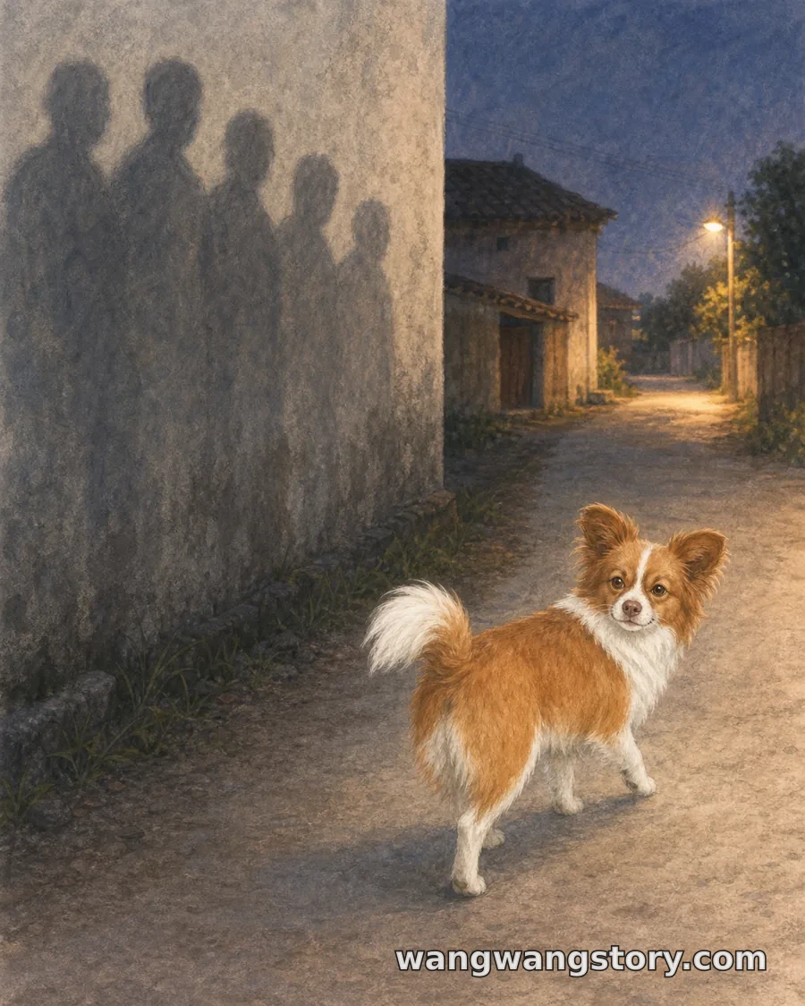 Várias sombras distantes, desfocadas e sobrepostas, aparecem no muro afastado da casa velha enquanto Wangwang parte sozinha.