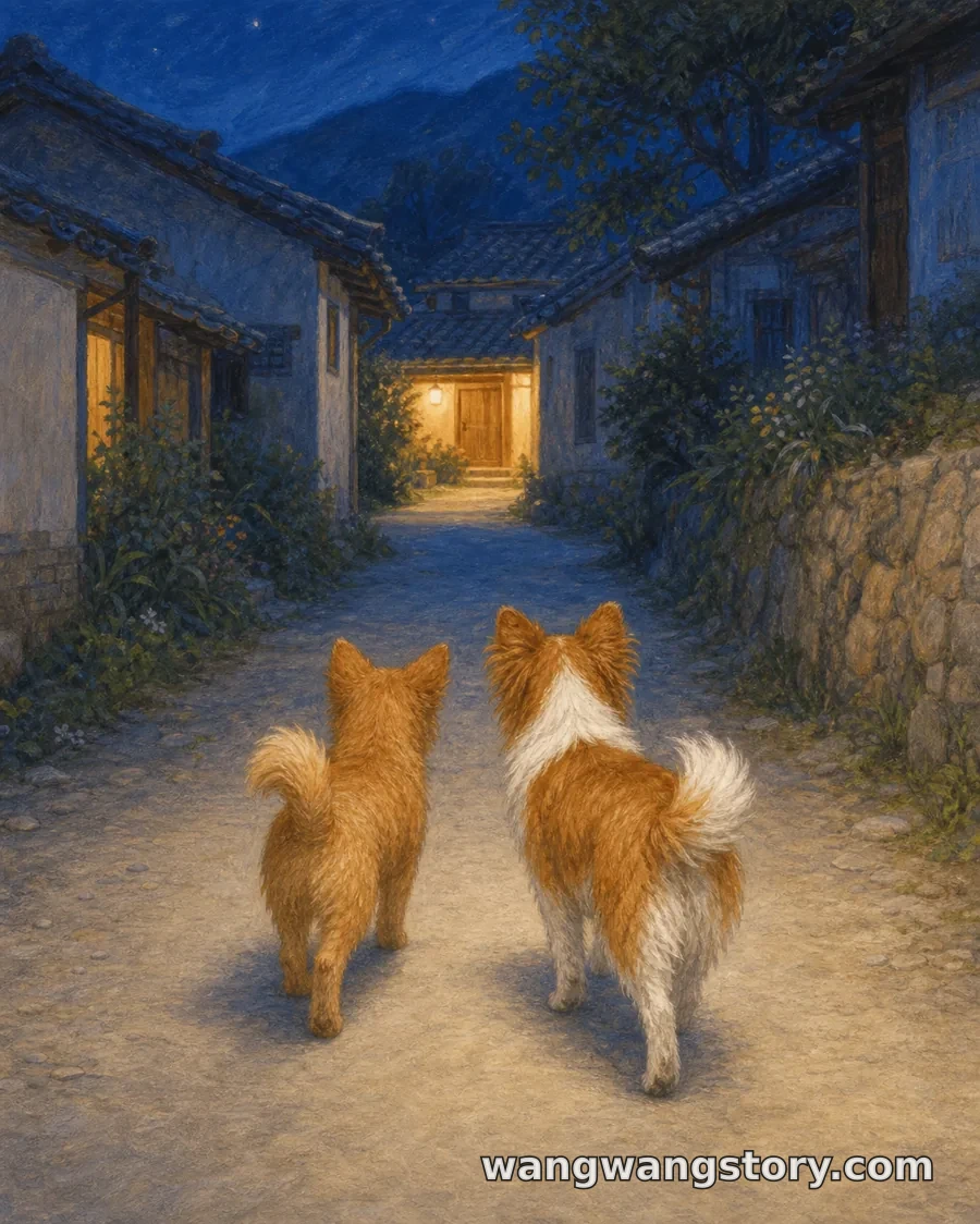 No caminho noturno, Wangwang acompanha Laifu na direção da luz quente de uma porta e caminha pelo lado de fora.
