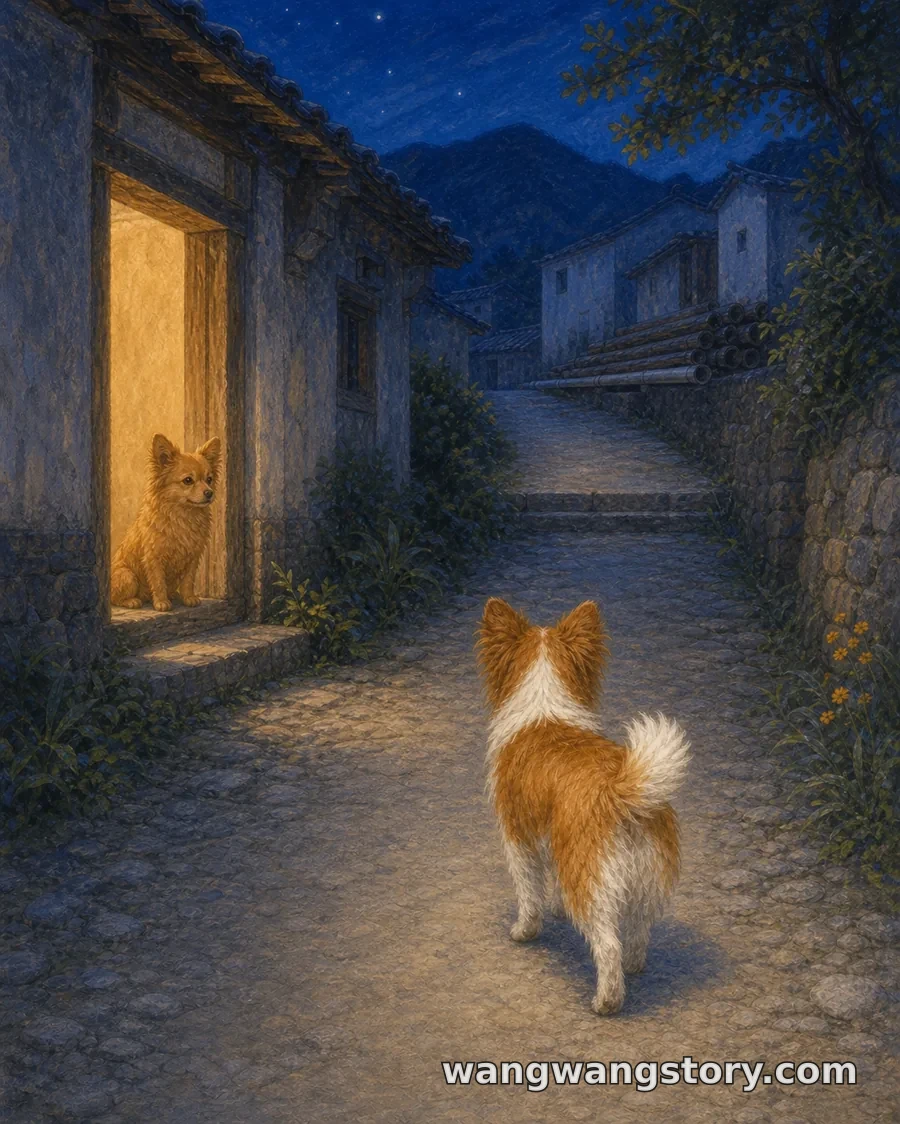 Duas imagens seguidas: Laifu entra sob a luz quente da porta, e a ponta branca da cauda de Wangwang se volta para uma viela mais escura, porém tranquila.