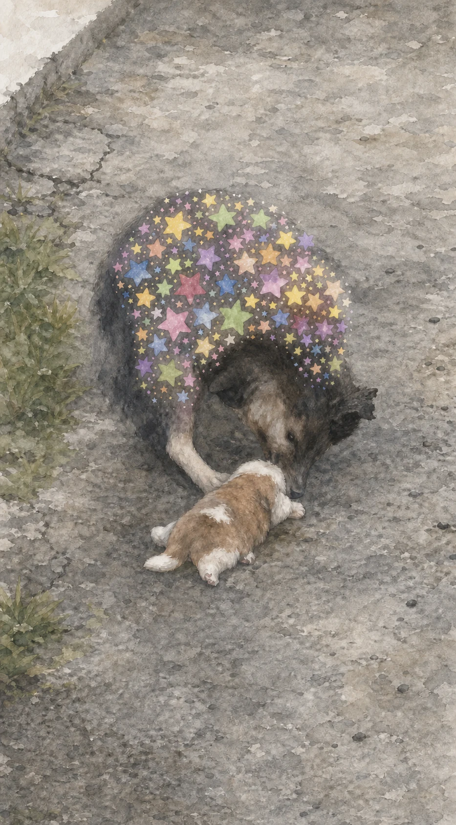插畫：旺旺低下頭，輕輕碰著她的孩子；身上覆著一層溫柔的星星。
