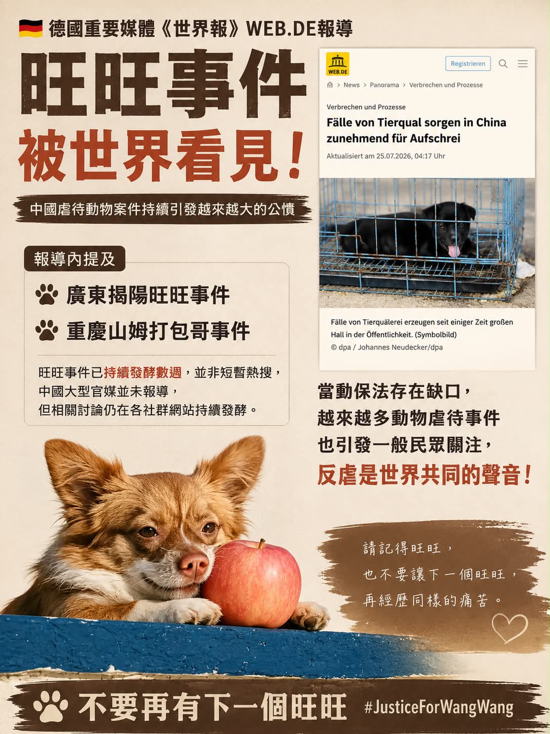 Eine aus Presseberichten zusammengestellte Übersichtskarte: Die obere Hälfte zeigt einen Screenshot eines Berichts auf dem deutschsprachigen Nachrichtenportal WEB.DE (Die Welt) samt Bild; die untere Hälfte listet auf Chinesisch die beiden in diesem Bericht erwähnten Fälle von Tierquälerei auf, unten ein Foto von Wangwang mit den Worten „Es soll kein nächstes Wangwang geben“ und „#JusticeForWangWang“.