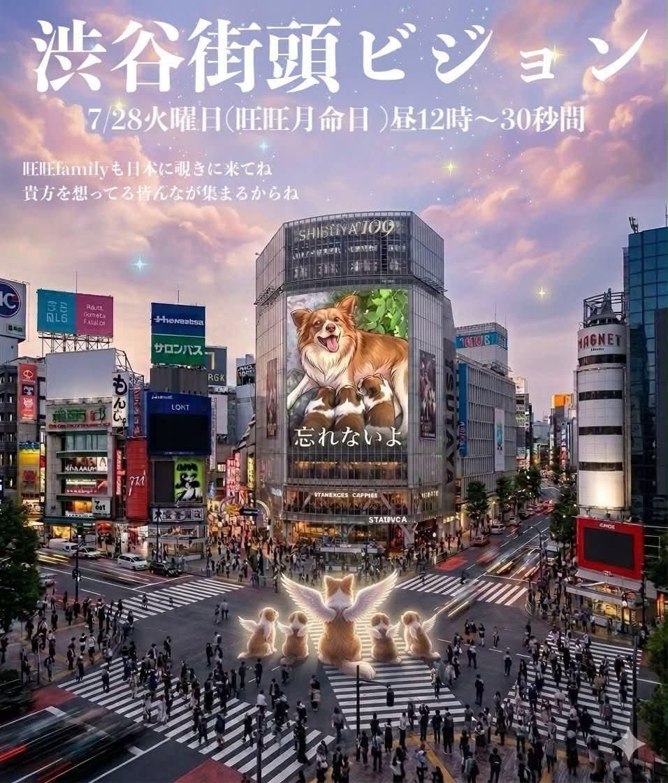 Eine Veranstaltungsankündigung auf Japanisch: Die Überschrift lautet „Shibuya Street Vision“ und kündigt einen 30-sekündigen Beitrag ab 12 Uhr mittags am Dienstag, dem 28. Juli, an. Die untere Hälfte zeigt eine Illustration der Kreuzung von Shibuya, auf einem Gebäudebildschirm Wangwangs Bild mit den Worten „Ich vergesse dich nicht“ und in der Mitte der Kreuzung die Silhouetten mehrerer geflügelter Welpen.